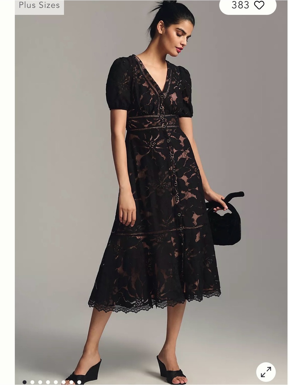 Anthropologie Ophelia Black Lace Midi Dress with Puff Sleeves